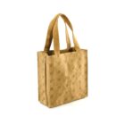 Beige tote bag with two handles and a subtle repeating pattern on the fabric.