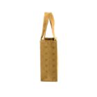 Side view of a tan tote bag with a patterned design and two handles.