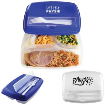 Blue and white Lunch Box with three compartments, built-in fork and knife in the lid.