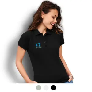 Woman in custom polo shirt with blue and white logo, smiling—perfect for branding at events.