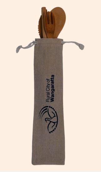 Beige cloth pouch with wooden utensils, printed with Rural City of Wangaratta logo.