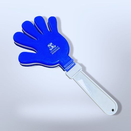 Blue plastic hand-shaped clapper with a white handle.