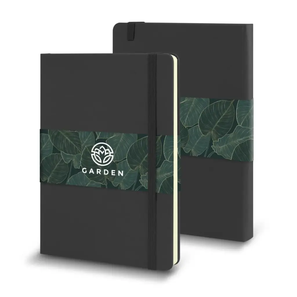Two black promotional notebooks with logo printed