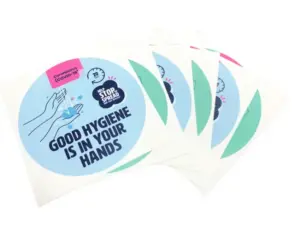 Stickers with Good Hygiene is in Your Hands message, a perfect promotional product.