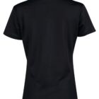 Back view of a plain black short-sleeve polo shirt against a white background.