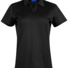 Black short-sleeve polo shirt with collar and three buttons, displayed on a white background.