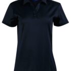 Black short-sleeve womens polo shirt with a collar and three buttons, on a white background.