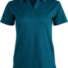 Teal short-sleeve polo shirt with buttons and a collar, displayed on a white background.