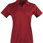 A plain, short-sleeved, red polo shirt with a collar and three buttons.