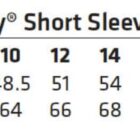 Size chart for ladies short sleeve polo with measurements for half chest and body length.