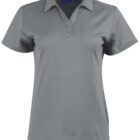 Gray short-sleeve womens polo shirt with a collar and three buttons on the front.