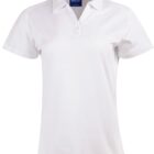 A plain white short-sleeve womens polo shirt with a collar and buttons.