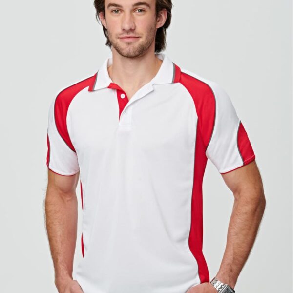 Person wearing a white and red polo shirt, standing against a plain background.