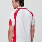 Man in a white and red polo shirt, viewed from the back, against a plain background.