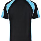 Black sports shirt with blue and white accents on sleeves and shoulders, viewed from the back.