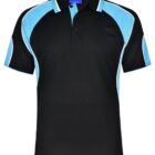 Black and blue polo shirt with white piping on the sleeves and shoulders.
