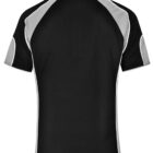 Back view of a black and gray short-sleeved sports shirt with white accent lines.