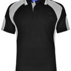 Black polo shirt with gray and white accents on sleeves and sides.