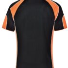 Back view of a black sports jersey with orange and white accents.