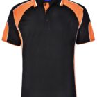 Black polo shirt with orange and white accents on the sleeves and shoulders.