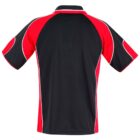 Back view of a black and red polo shirt with short sleeves and white piping.