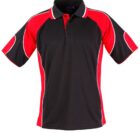 Black and red polo shirt with white piping on a plain background.