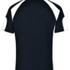 Black and white short-sleeve polo shirt viewed from the back.