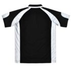 Black and white short-sleeved shirt with a collar, shown from the back.