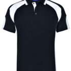 Black polo shirt with white shoulder and sleeve panels.