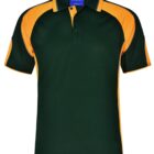 Green polo shirt with orange sleeves and a folded collar.