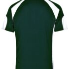 Back of a green polo shirt with white accents on the shoulders and sides.