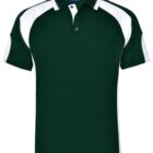 Dark green polo shirt with white sleeves and collar accents.
