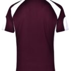 Back view of a maroon and white short-sleeve sports jersey.