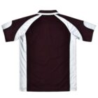 Back view of a maroon and white short-sleeve sports jersey.