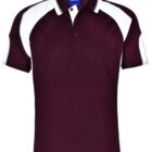 Burgundy polo shirt with white shoulder and sleeve accents.
