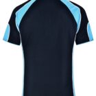 Black polo shirt with light blue and white accents on sleeves and shoulders, back view.