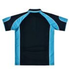 Black and blue athletic shirt with white piping on a white background.