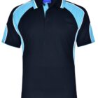 Black polo shirt with light blue and white accents on the sleeves and shoulders.