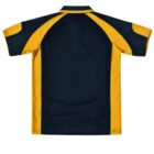 Navy and yellow collared sports shirt, back view.