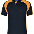 Navy blue polo shirt with orange sleeves and black accents.