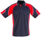 Red and navy collared polo shirt with white accents on sleeves and sides.