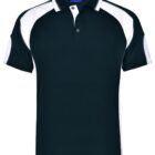Black and white short-sleeved polo shirt with a blue label inside the collar.