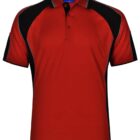 Red and black polo shirt with collar and short sleeves.