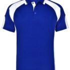 Blue and white short-sleeve polo shirt with buttoned collar.