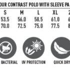 Polo size chart with fabric features: Cooldry, moisture wicking, antibacterial, UV protection, etc.