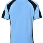 Back view of a light blue and black sports shirt with short sleeves and a collar.