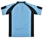 Back view of a light blue and black sports jersey.