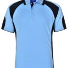 Light blue and black short-sleeve polo shirt with buttons.