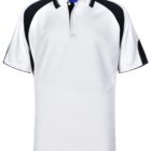 White and black short-sleeve polo shirt with a blue tag at the collar.
