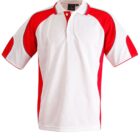 Red and white polo shirt with short sleeves.